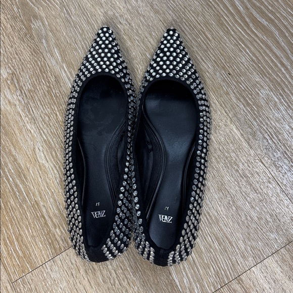 Zara Crystal Rhinestone Ballet Block Heel Flats in Black Size EU 37 / US 7 - Picture 10 of 13